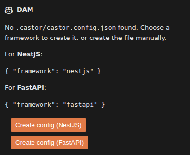 Framework selection prompt in the DAM panel