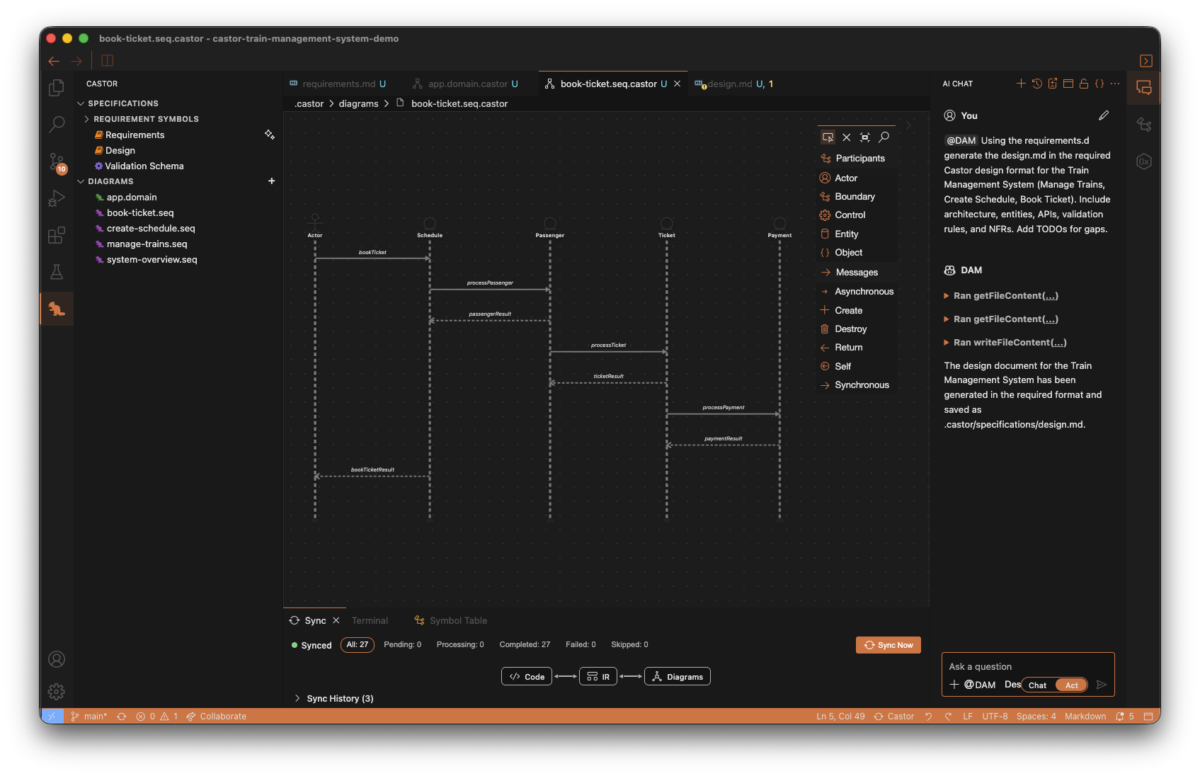 Diagrams section showing the generated domain diagram and sequence diagrams